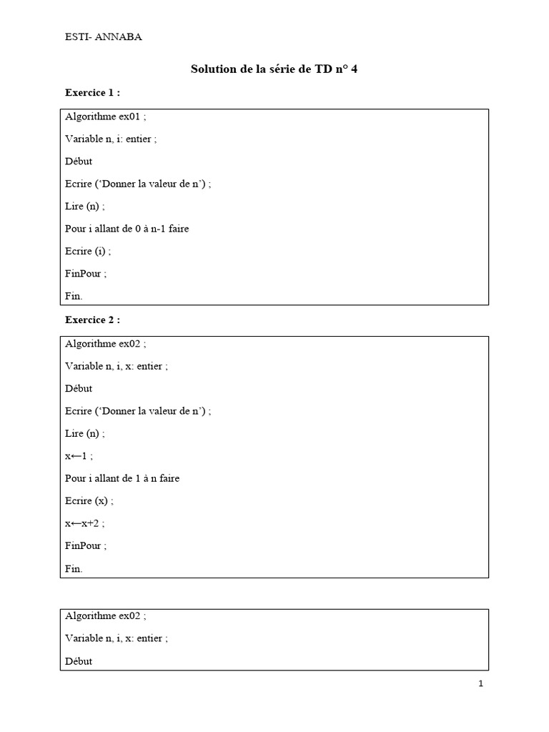 Solutions d'algorithmes de TD 4 ESTI | PDF | Mathématiques appliqués ...