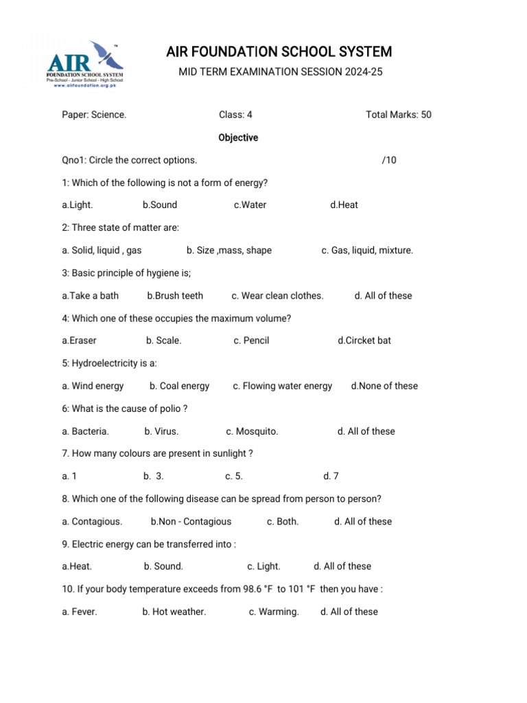 1st Term Exams Class 4 Science | PDF | Water | Liquids