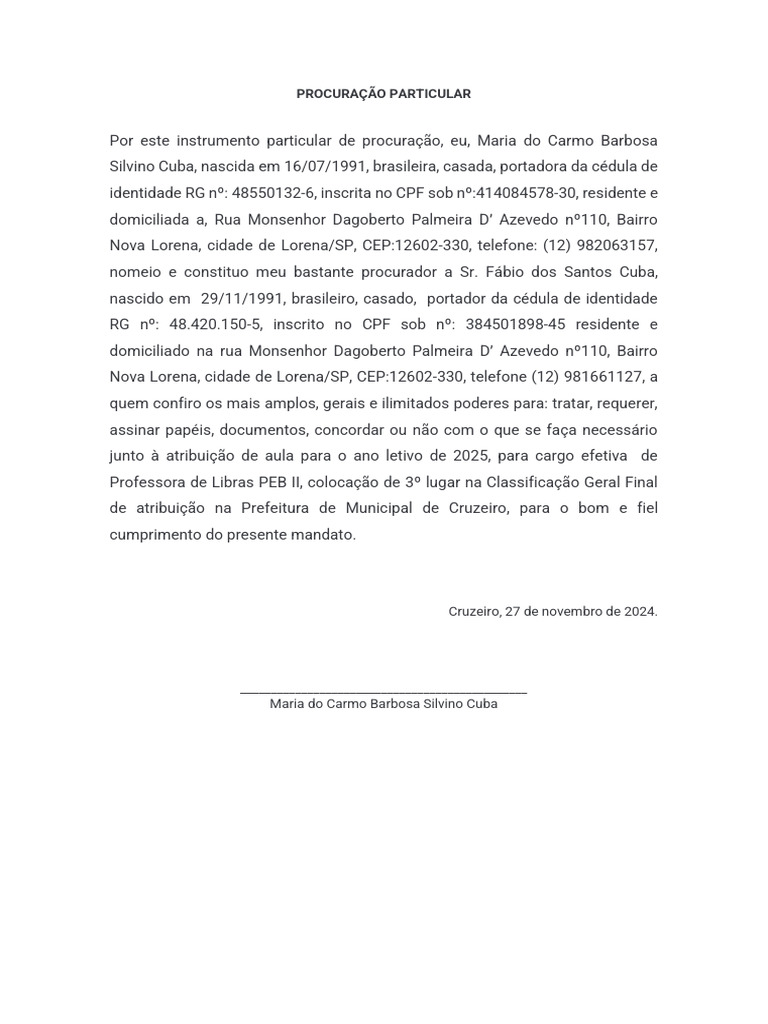 Procuração Particular para Atribuição de Aula | PDF