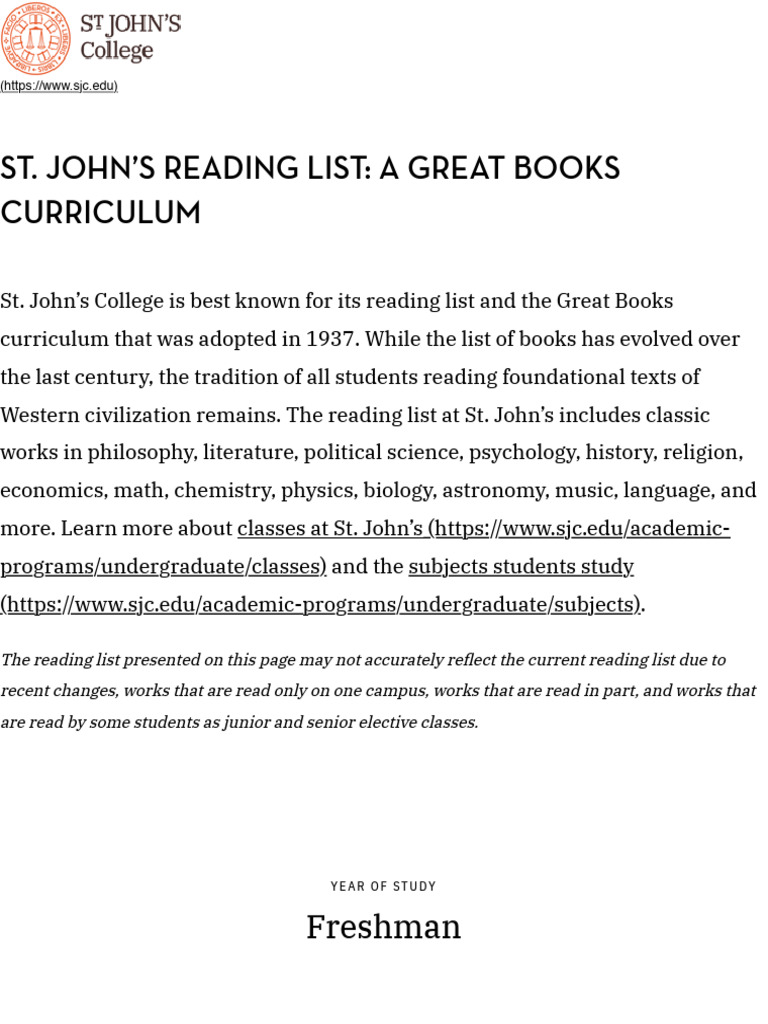 St. John's Great Books Reading List PDF Phenomenology (Philosophy