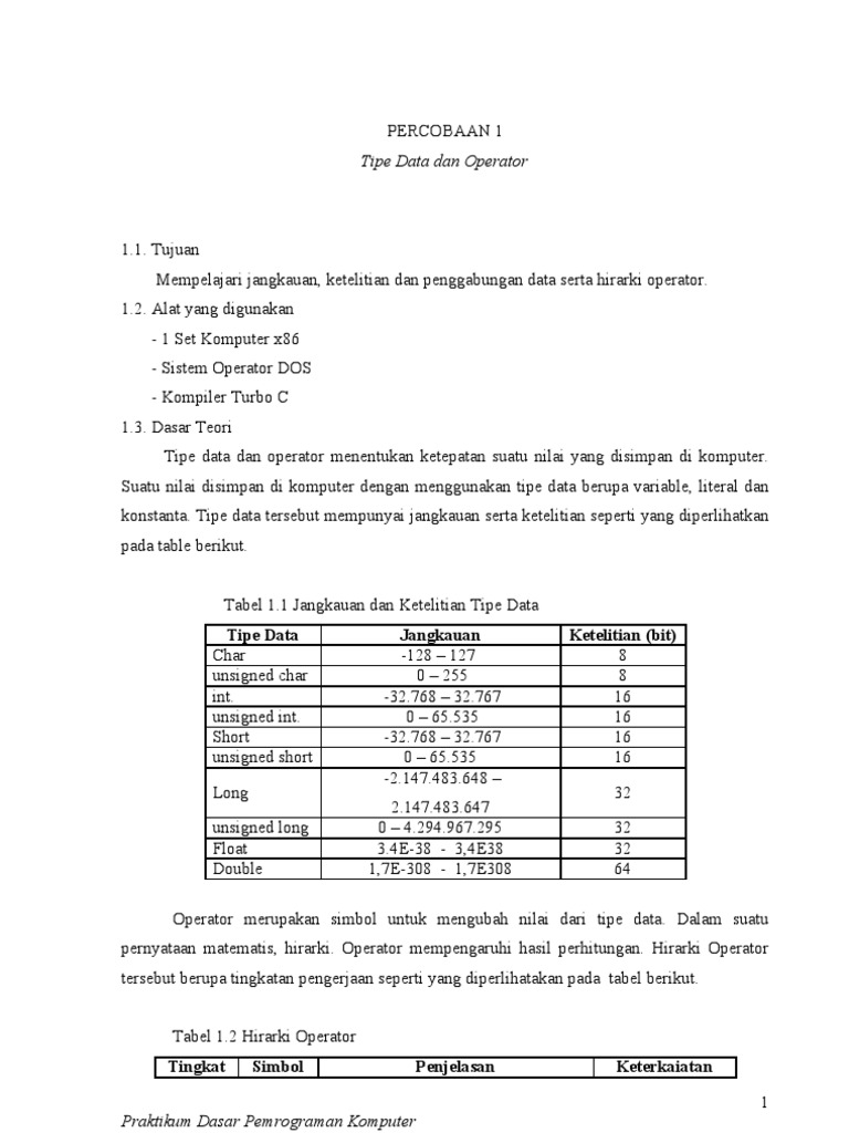 Tipe Data dan Operator dalam C | PDF | Komputer | Teknologi & Rekayasa