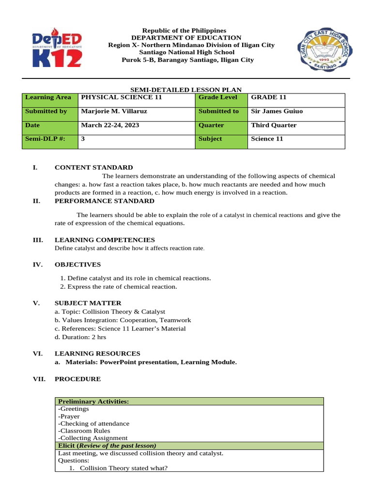 Semi-Detailed Lesson Plan: Catalysts in Chemistry | PDF | Reaction Rate ...
