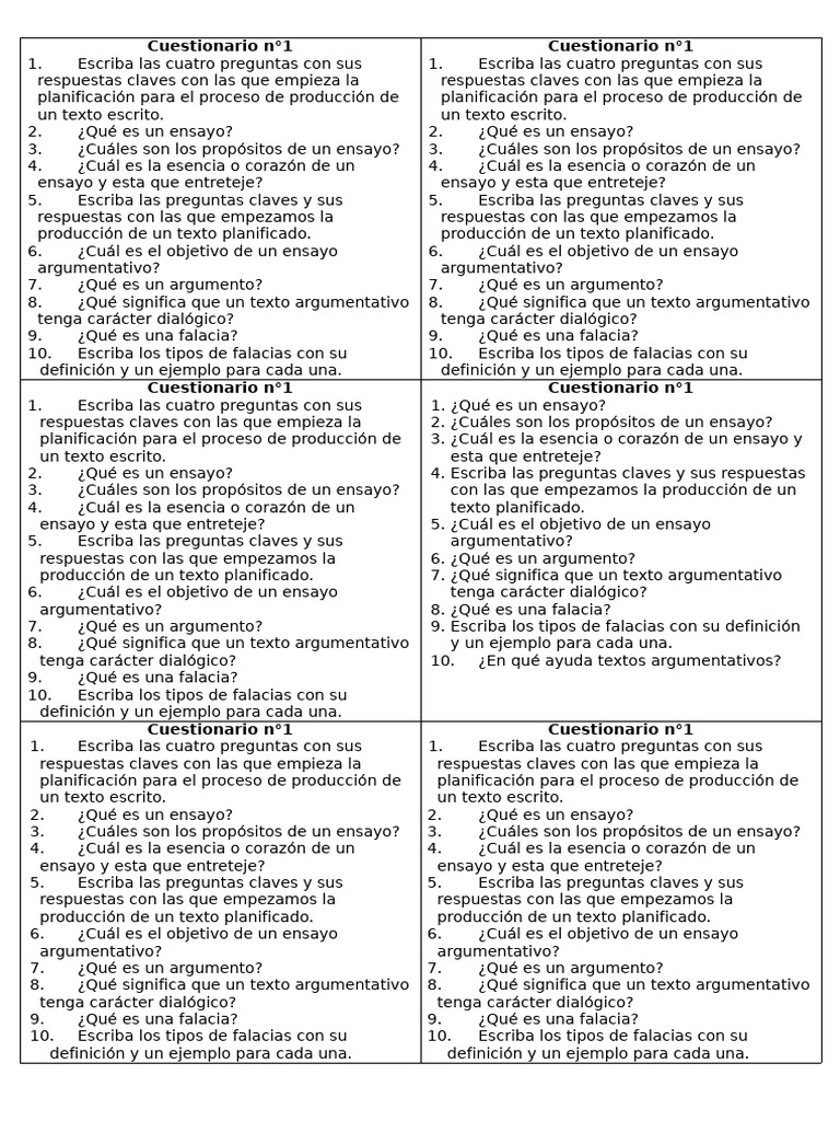Cuestionario - 10mo | PDF | Cuestionario | Ensayos
