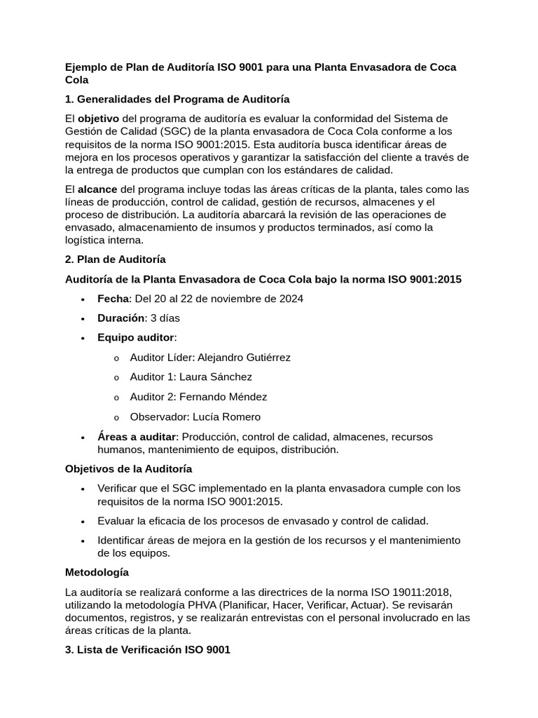 Plan de Auditoría ISO 9001 Coca Cola | PDF | Calidad (comercial ...