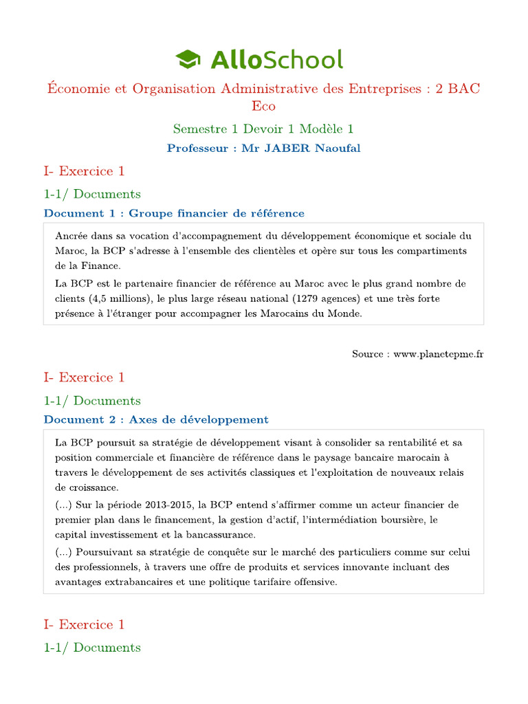 Orga 2bac Eco Semestre 1 Devoir 1 Modele 1 2 | PDF