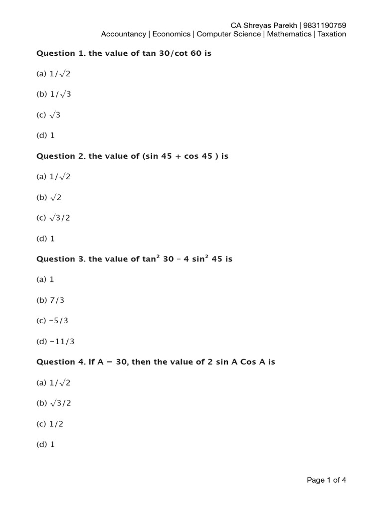 9 Maths Trigonometry WS 2 | PDF | Triangle | Trigonometry