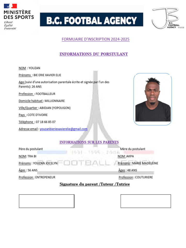 Fiche d'inscription football 2024-2025 | PDF