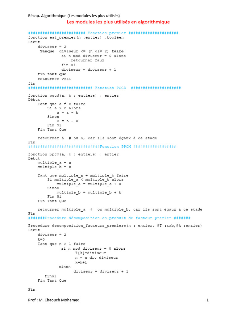 Fonctions Algorithmiques Essentielles | PDF | Programmation ...
