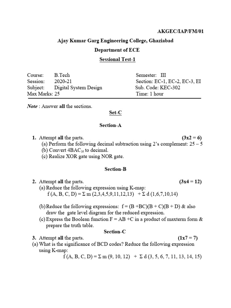 Digital System Design Test - Set C | PDF
