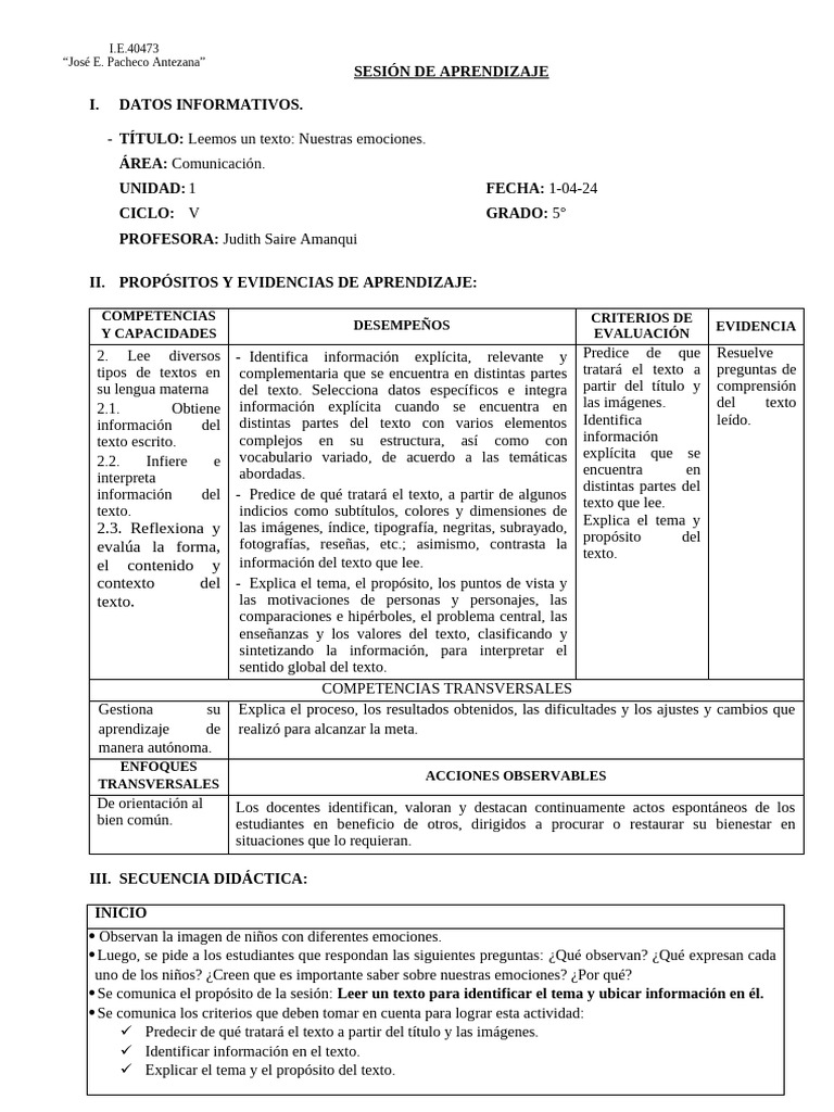 Sesión de Aprendizaje 1.1 Com | PDF | Aprendizaje | Ciencia cognitiva
