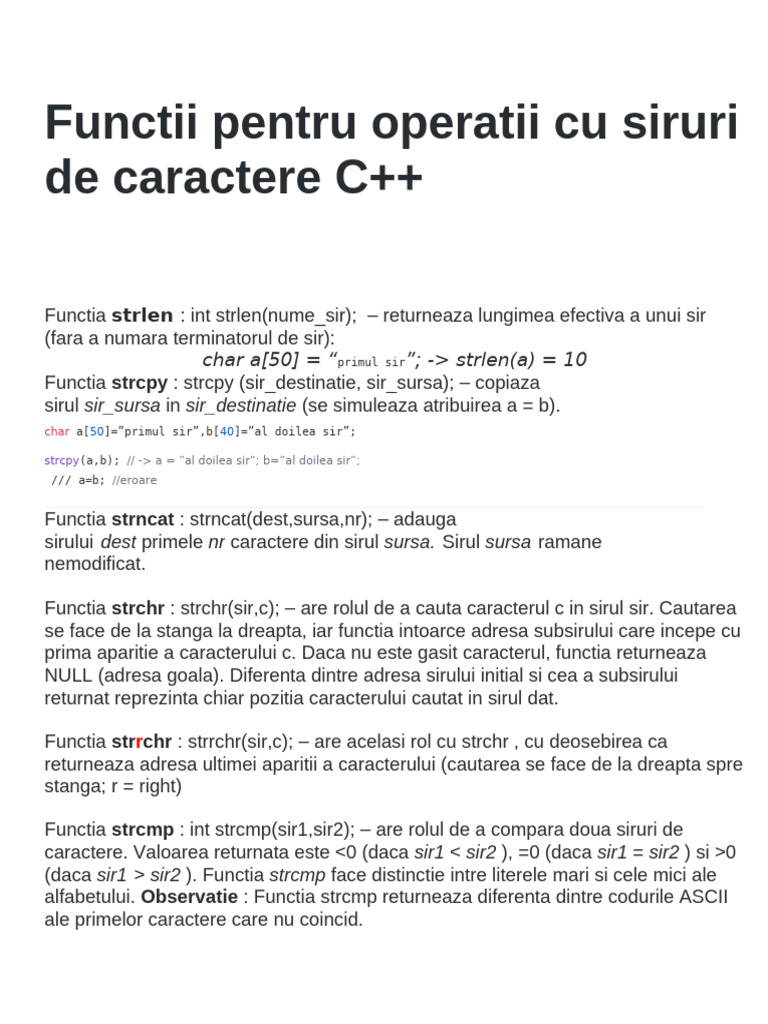 Functii Pentru Operatii Cu Siruri de Caractere C | PDF