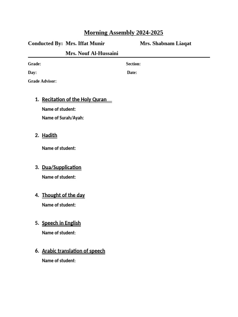 Morning Assembly Format 2024-2025 | PDF