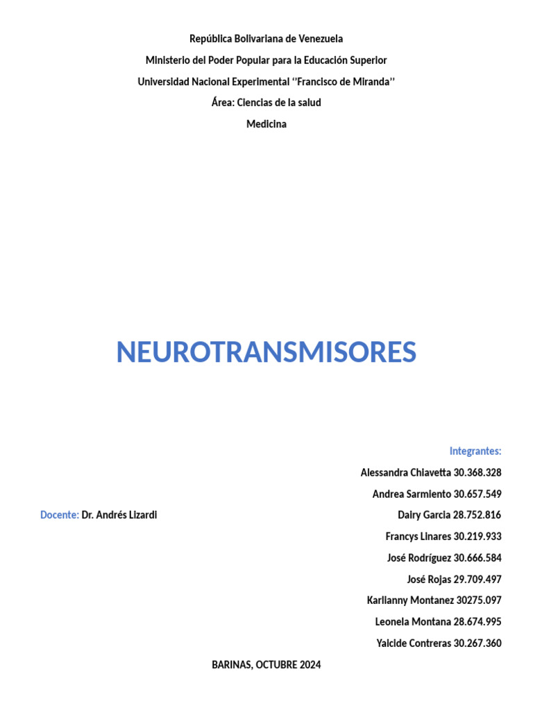 Funciones y Tipos de Neurotransmisores | PDF | Sinapsis | Neurona