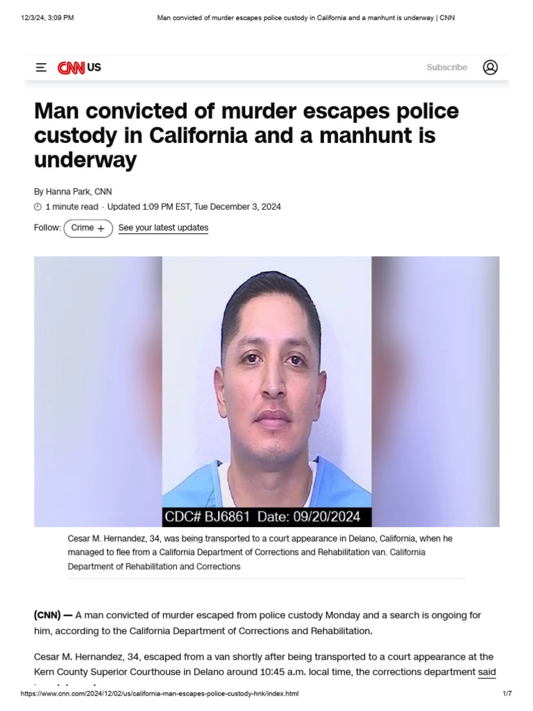 Murderer Escapes Police Custody in CA | PDF | Criminal Justice | Crime ...