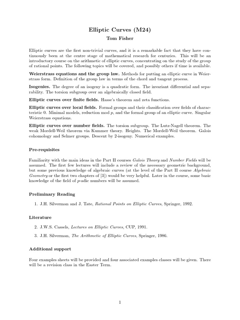 Intro to Arithmetic of Elliptic Curves | PDF