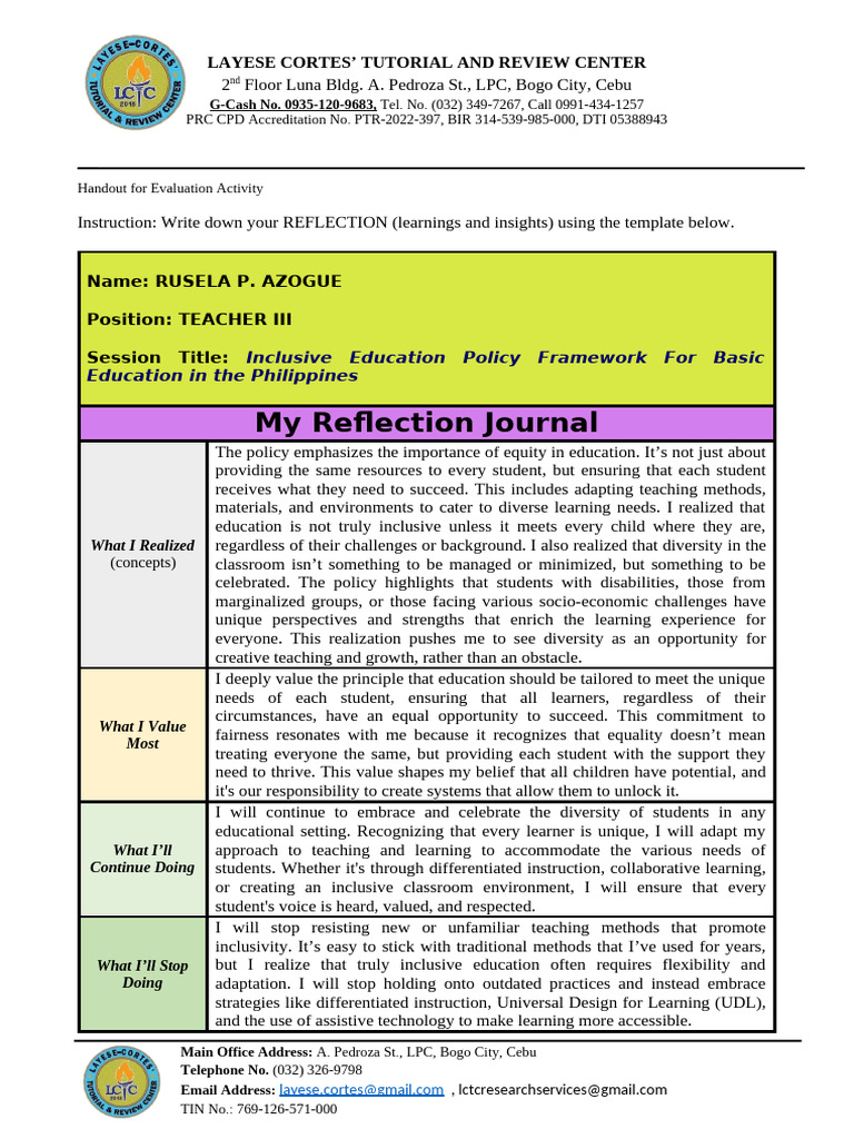 Day 3 (A.m.) Reflection-Journal (Rusela P. Azogue) | PDF ...
