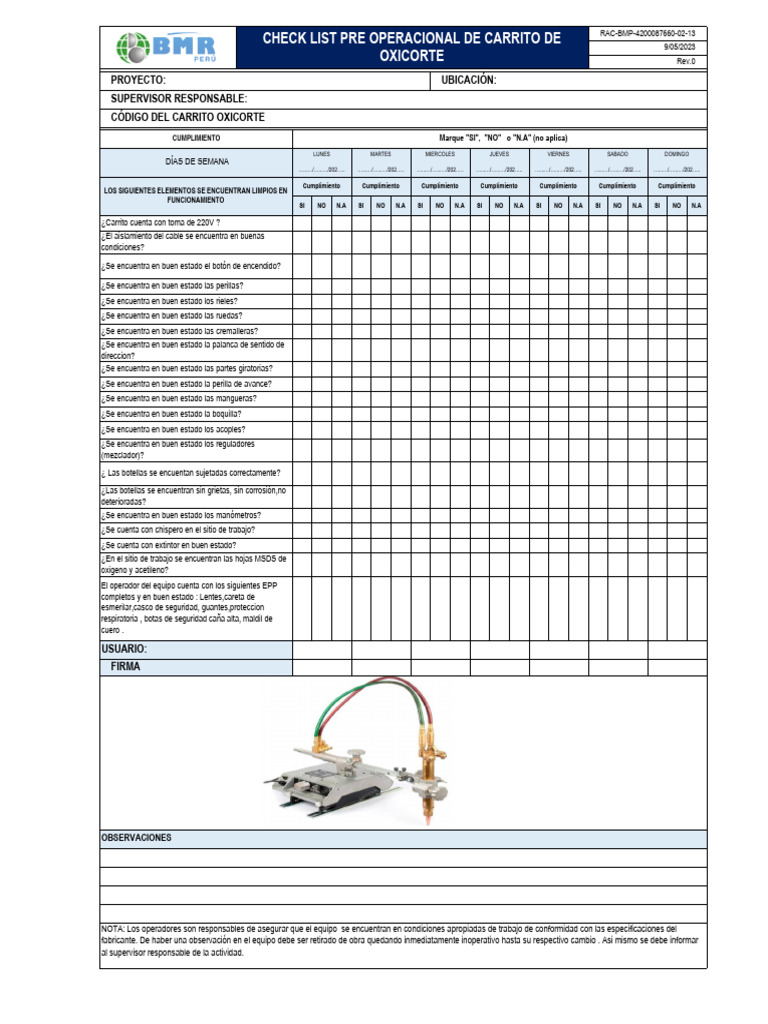 RAC-BMP-4200087660-02-13 Check List Carrito Oxicorte | PDF | Materiales