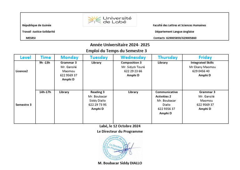 Emploi du Temps Licence 2 Semestre 3 | PDF
