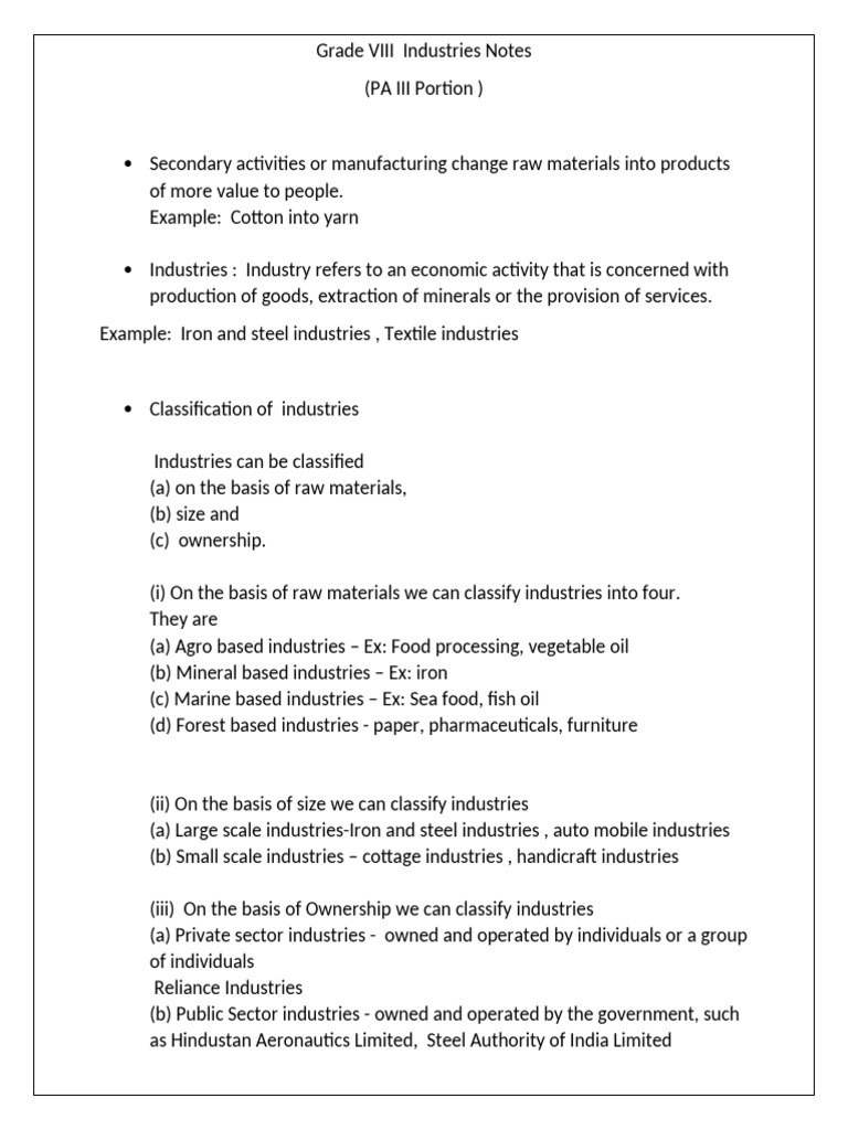Grade VIII Industries Notes | PDF | Economies | Secondary Sector Of The ...