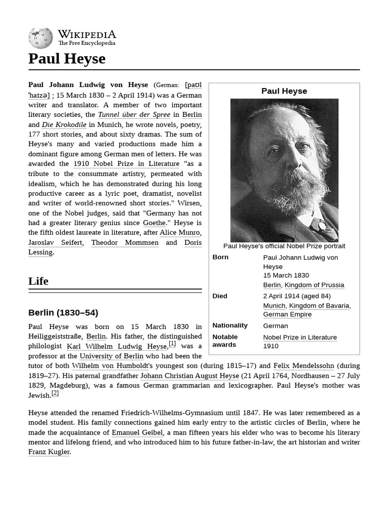 Paul Heyse: Nobel Laureate Overview | PDF