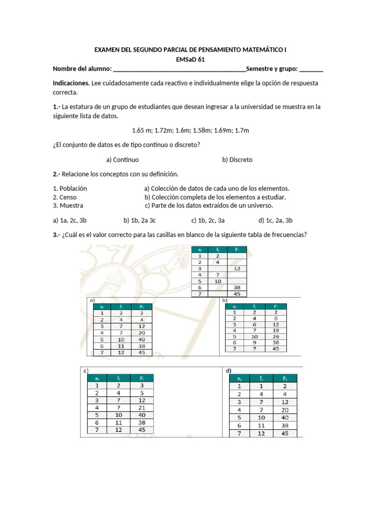 Examen Del Segundo Parcial de Pensamiento Matemático I | PDF | Matemáticas