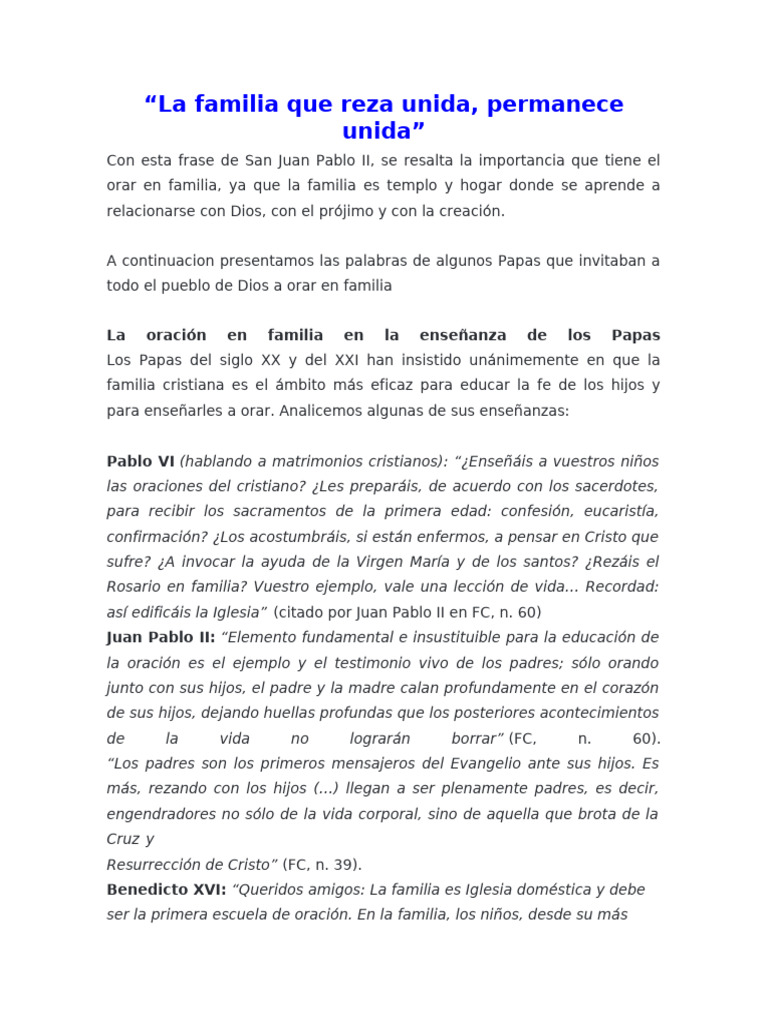 Orar en familia: clave para la unidad | PDF | Oración | Cristo (título)