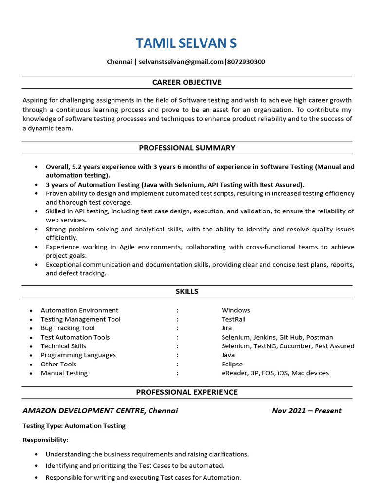 TamilSelvan_Resume | PDF | Software Testing | Software Development Process
