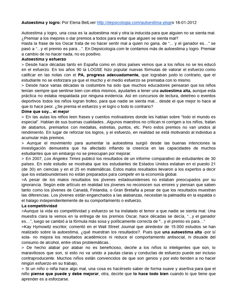Autoestima y esfuerzo en la educación | PDF | Autoestima | Psicología ...