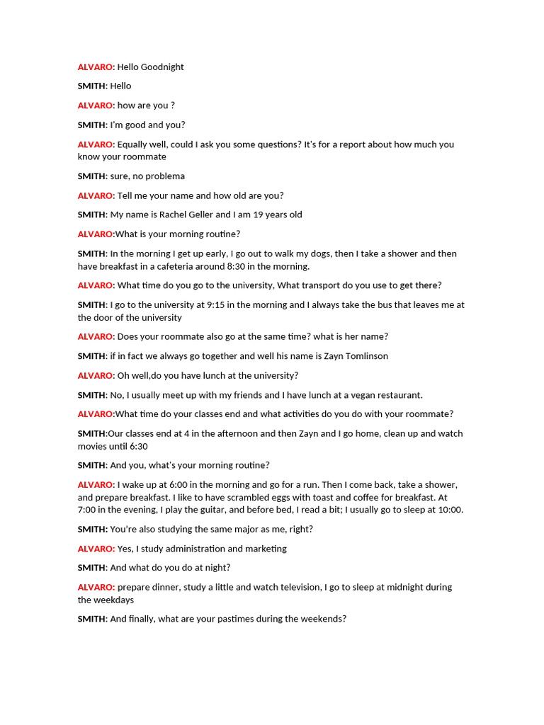 Roommate Interview: Daily Routines & Activities | PDF