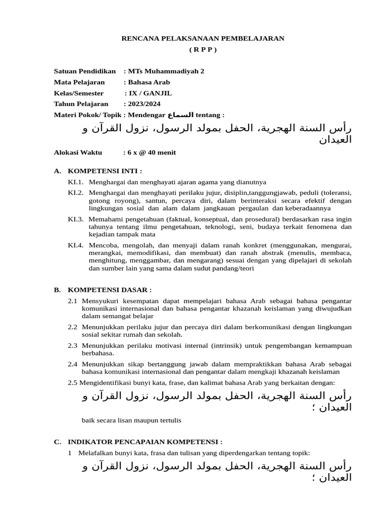 RPP Bahasa Arab Kelas IX MTs 2023/2024 | PDF