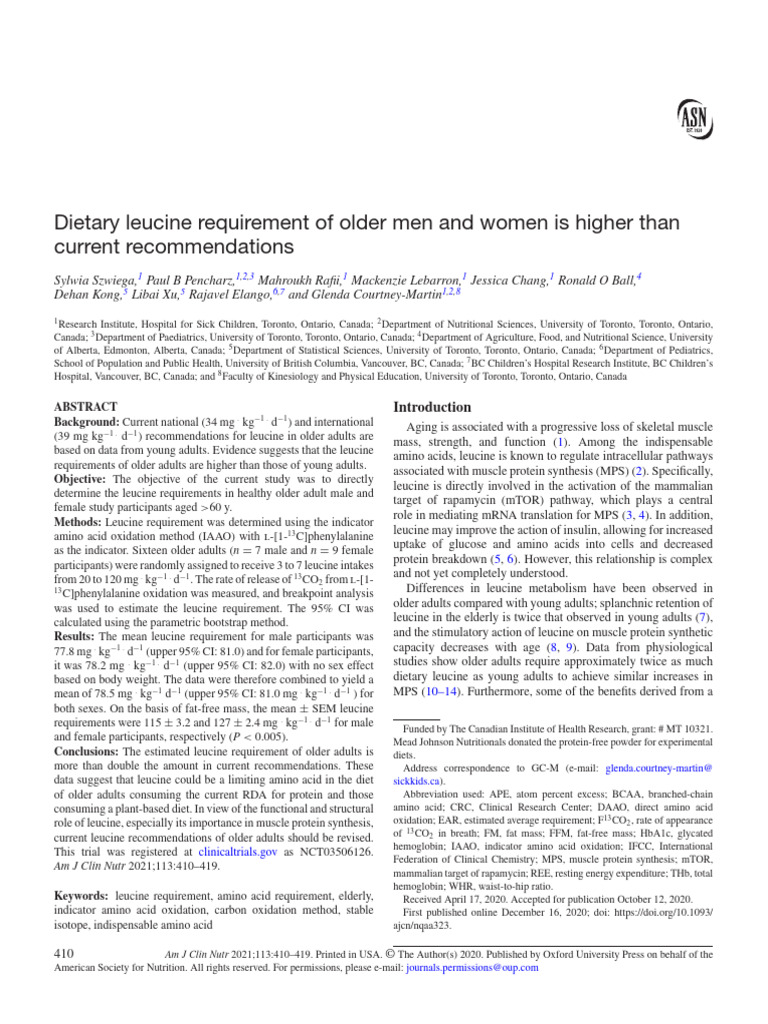 Dietary Leucine Requirement of Older Men and Women Is Higher Than | PDF ...