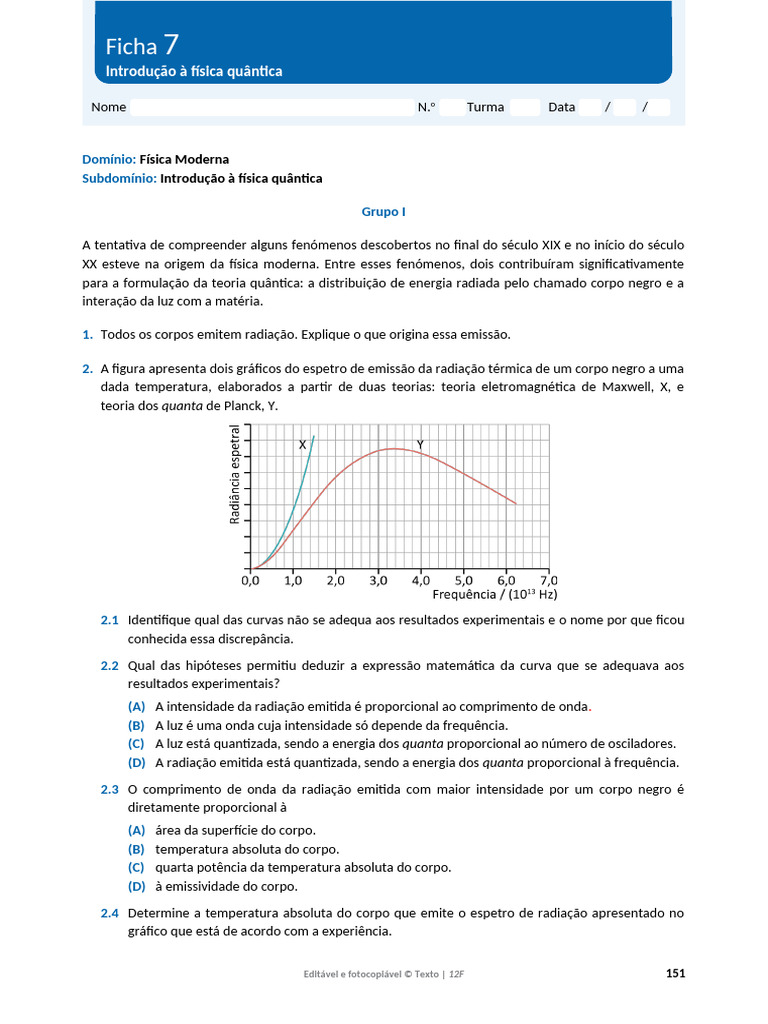 Ficha 7 - Introdução À Física Quântica | PDF | Radiação eletromagnética ...