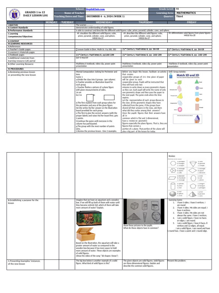 Solid Figures Lesson Plan for Grade 6 | PDF | Shape | Area