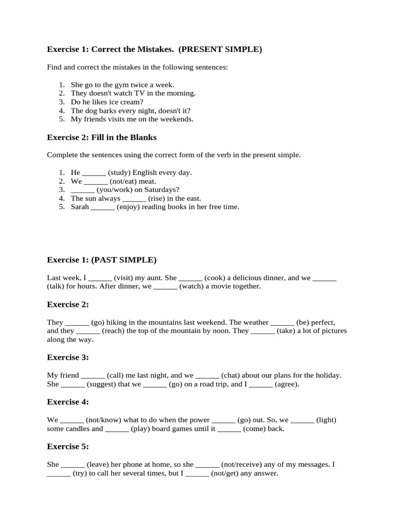 Present and Past Simple Exercises | PDF