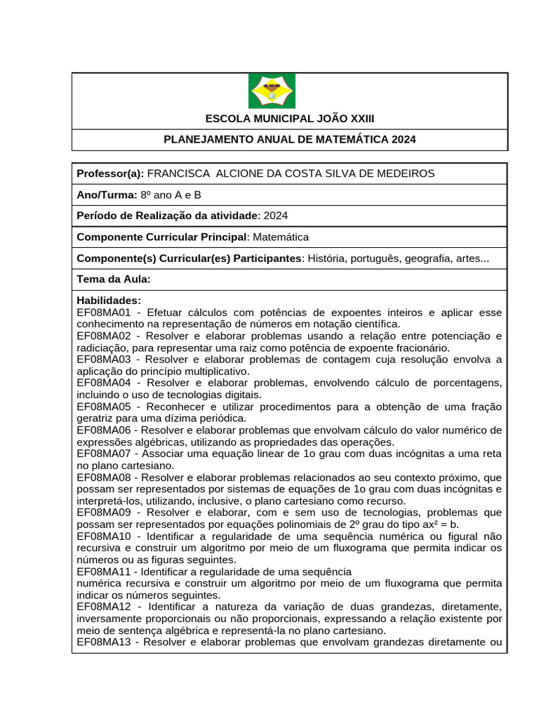Planejamento Anual de Matemática 2024 | PDF | Equações | Geometria