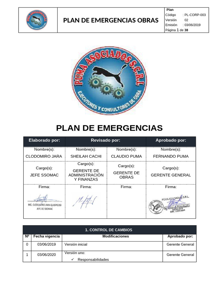 Plan de Emergencias para Obras en Cusco | PDF | Primeros auxilios | Bombero