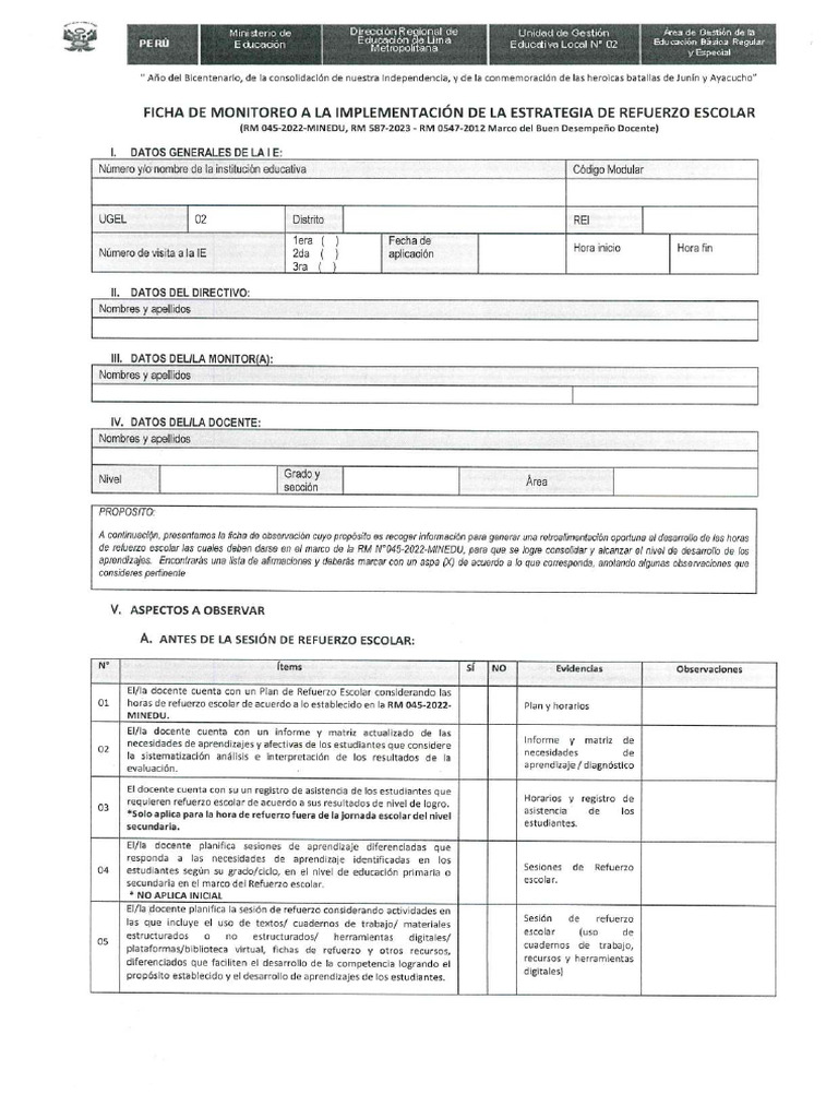 Ficha de Monitoreo de Refuerzo Escolar | PDF