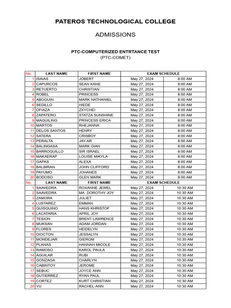 PTC Entrance Exam Schedule 2024 | PDF