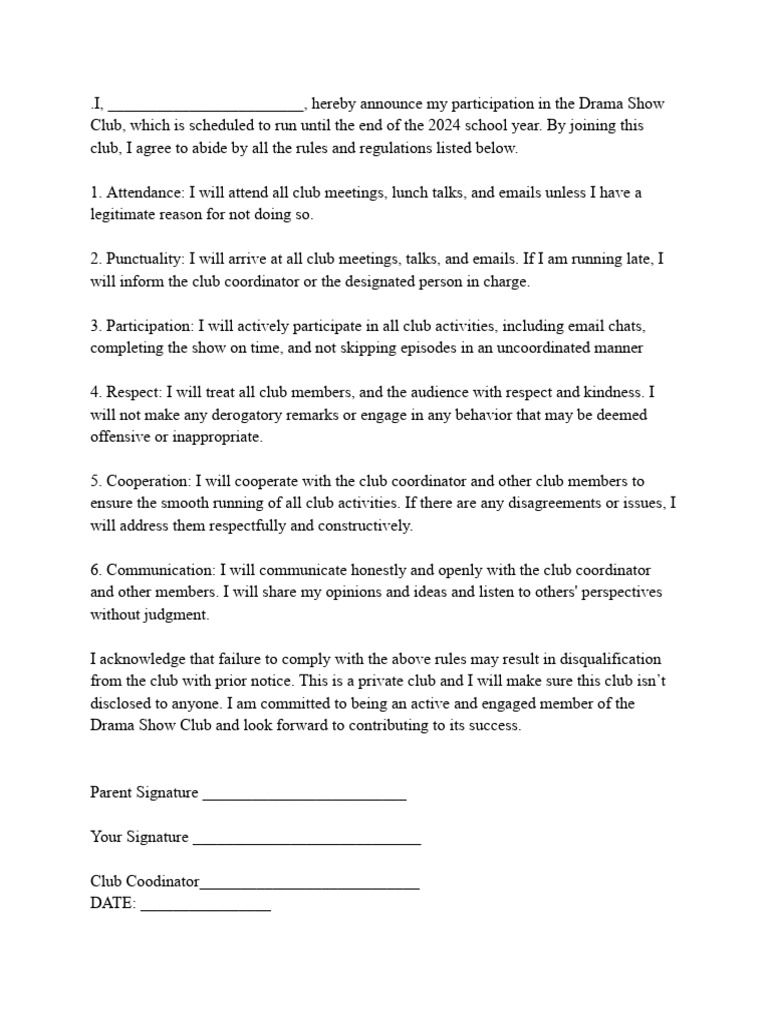 Drama Show Club Form | PDF