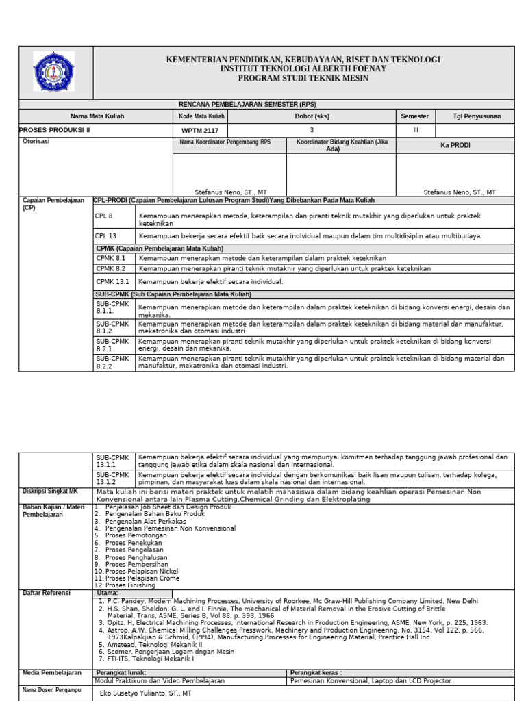 RPS Teknik Mesin: Proses Produksi II | PDF
