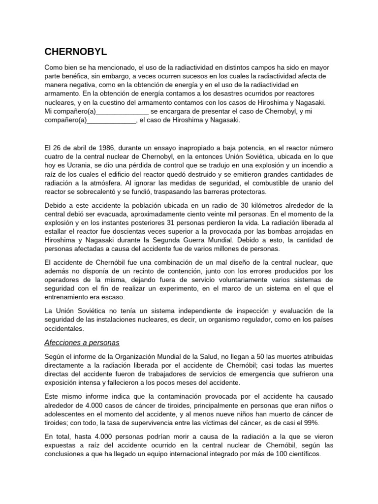 Accidente de Chernobyl: Impacto y Consecuencias | PDF | Desastre de ...