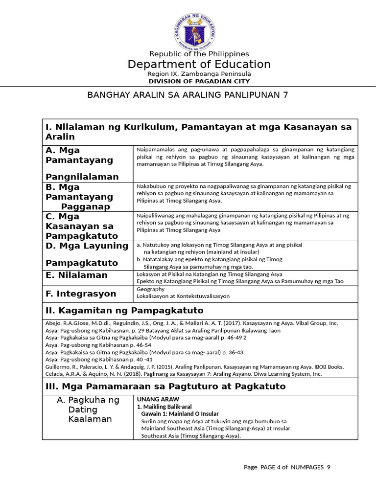 Department of Education: Banghay Aralin Sa Araling Panlipunan 7 | PDF