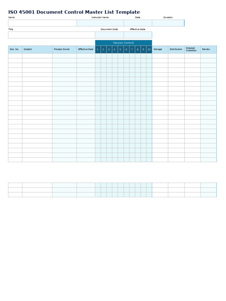 IC ISO 45001 Document Control Master List 12215 Template | PDF