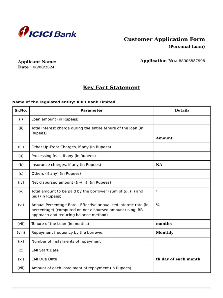 ICICI Personal Loan Application Form | PDF | Banks | Loans
