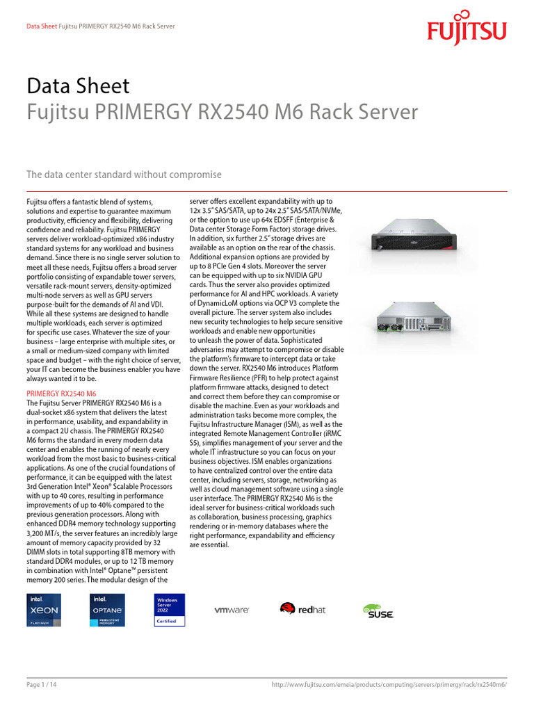 Fujitsu PRIMERGY RX2540 M6 Data Sheet | PDF | Solid State Drive | Bios