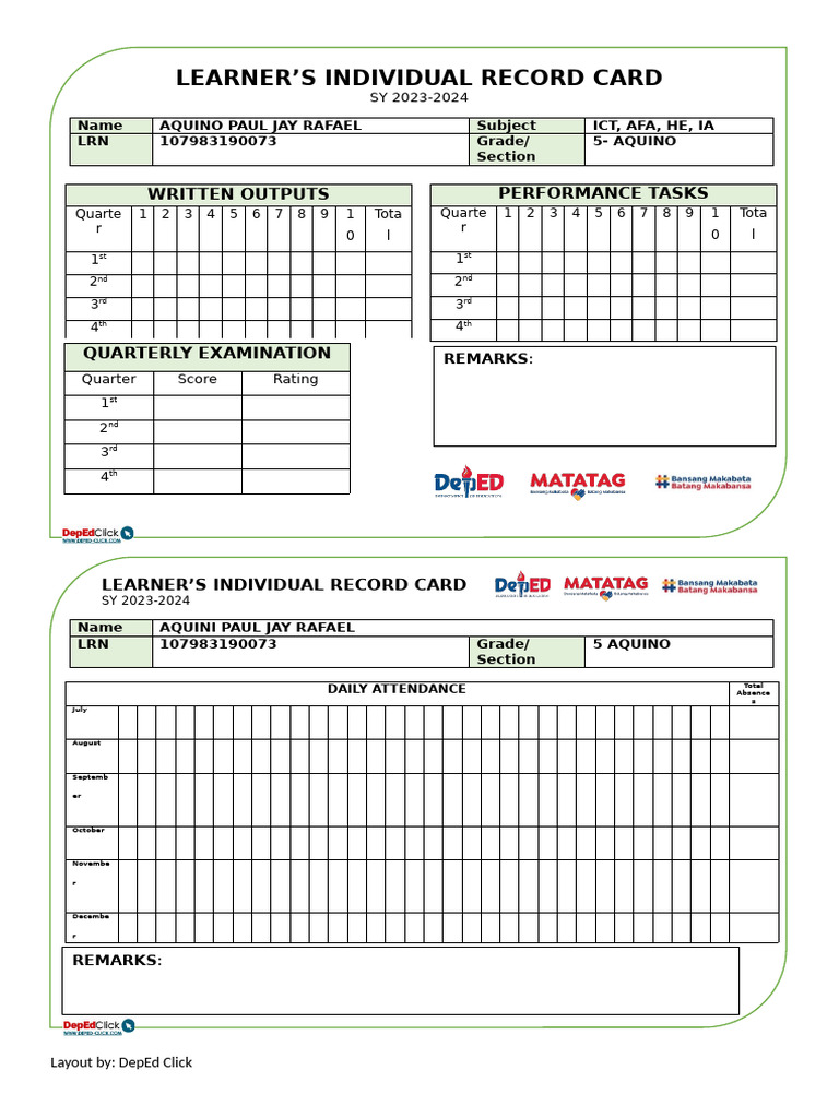 Learner's Record Card SY 2023-2024 | PDF | Government | Public ...