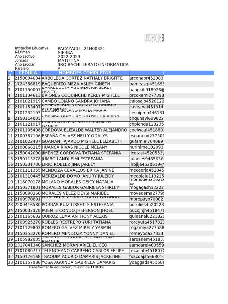 Lista de Estudiantes 3ro Bachillerato | PDF