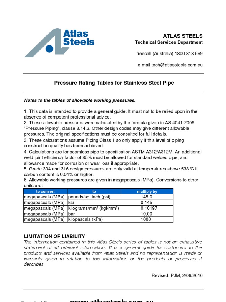St St Pipe Pressure Rating Charts Rev Sep 2010 Pascal (Unit) Pipe
