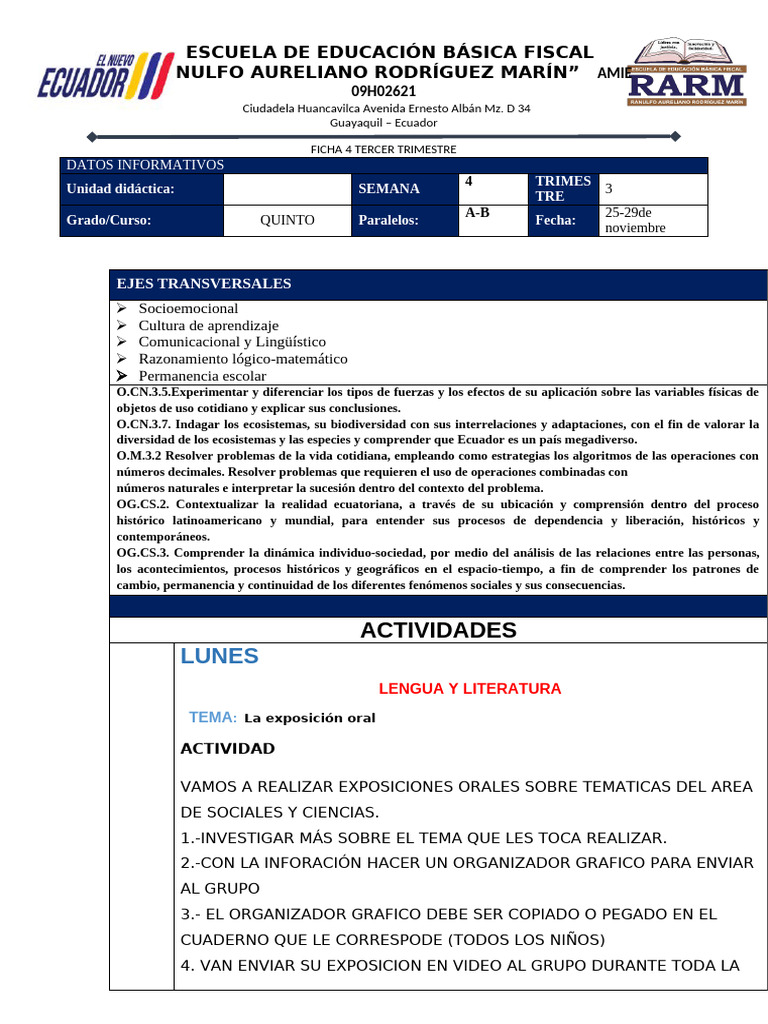 Ficha 4 Del 3 Trimestre | PDF | Aprendizaje | Ecuador