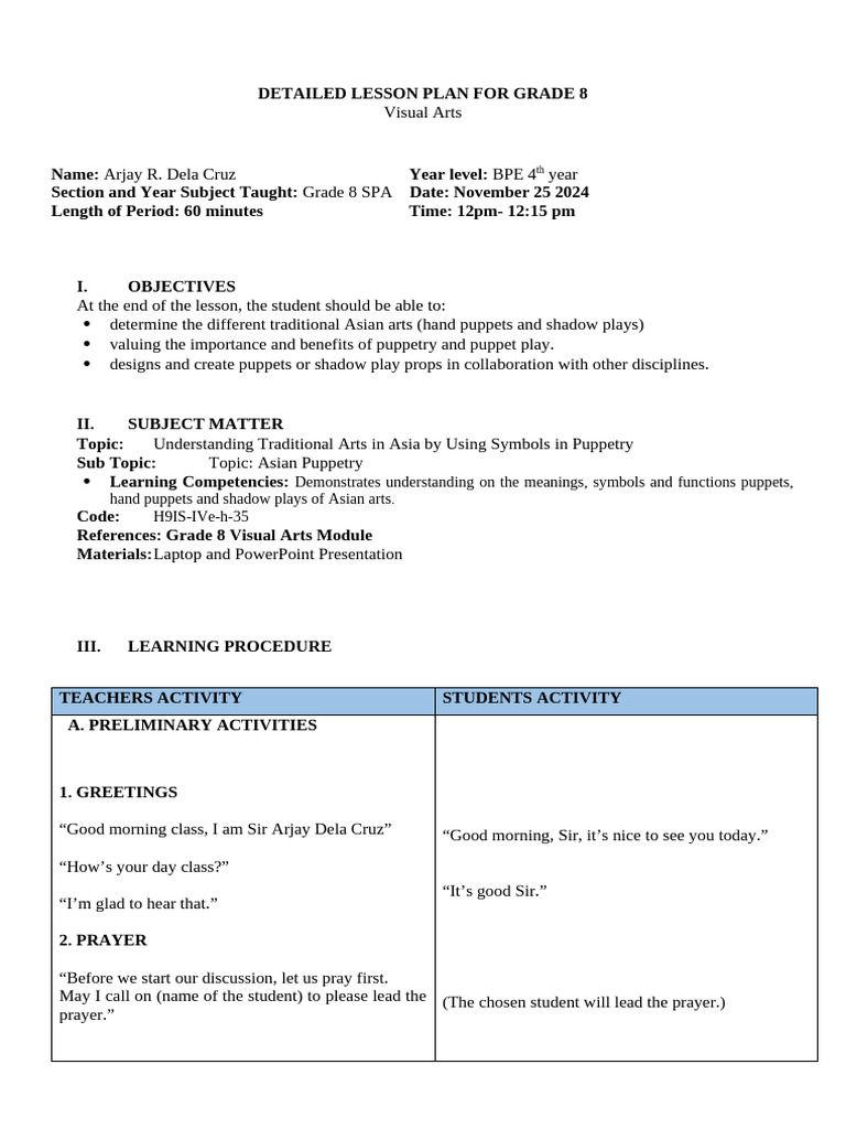Grade 8 Asian Puppetry Lesson Plan | PDF | Puppetry | Puppets